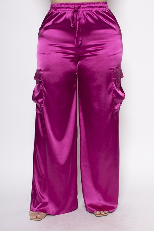 Curvy Glow Satin Cargo Pants